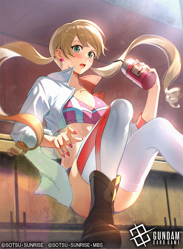 1girl, aqua_eyes, blonde_hair, breasts, brown_shoes, copyright_logo, copyright_name, copyright_notice