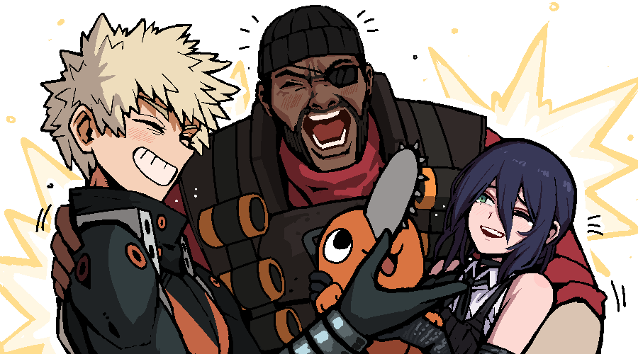1girl, 2boys, bakugou_katsuki, black_gloves, blue_hair, boku_no_hero_academia, chainsaw_man, closed_eyes