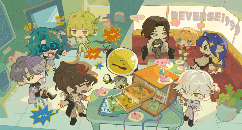1other, 3boys, 5girls, 98sikk, absurdres, android, arguing, black_coat