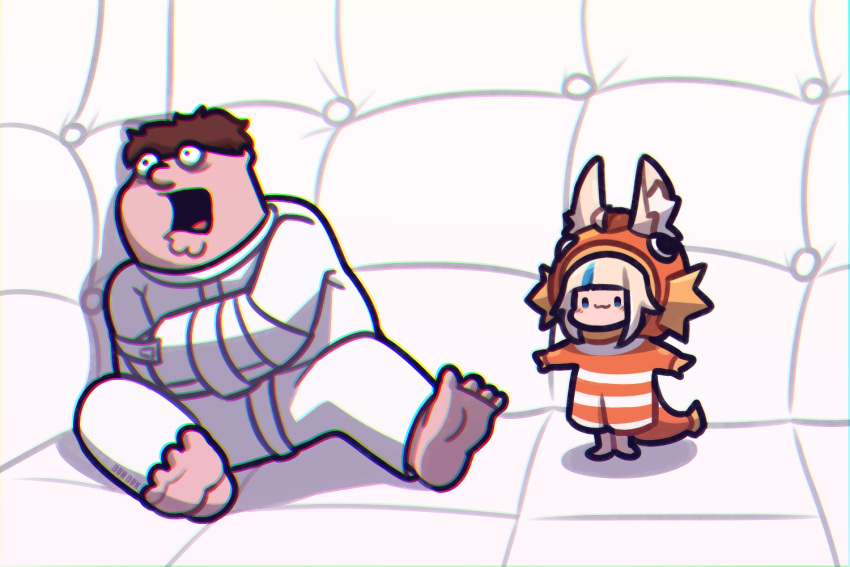 1boy, 1girl, :3, animal_ear_fluff, animal_ears, barefoot, blonde_hair, blue_eyes, blue_hair, brown_hair, bulging_eyes, bunbbun, cat_ears, chibi, chromatic_aberration, commentary, crossover, english_commentary, family_guy, fish_costume, full_body, indie_virtual_youtuber, indoors, messy_hair, open_mouth, outstretched_arms, padded_room, peter_griffin, sameko_saba, spread_arms, standing, straitjacket, t-pose