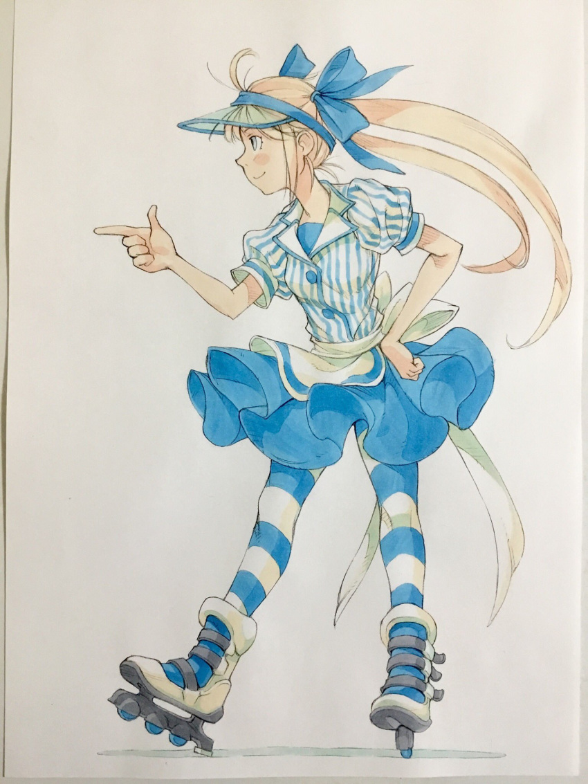 1girl, apron, back_bow, blonde_hair, blue_bow, blue_eyes, blue_pantyhose, blue_shirt