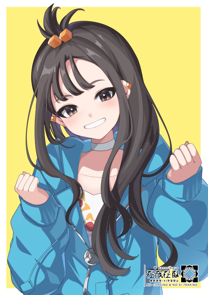 1girl, absurdres, black_hair, blue_hoodie, border, brown_eyes, choker, clenched_hands, commentary_request, cube_hair_ornament, earclip, grin, hair_ornament, hands_up, happy, head_tilt, highres, hood, hood_down, hoodie, kanarikaro, lida_(pokemon), long_hair, outside_border, pokemon, pokemon_legends:_z-a, print_shirt, shirt, smile, solo, teeth, topknot, upper_body, white_border, white_choker, white_shirt, yellow_background, zipper_pull_tab