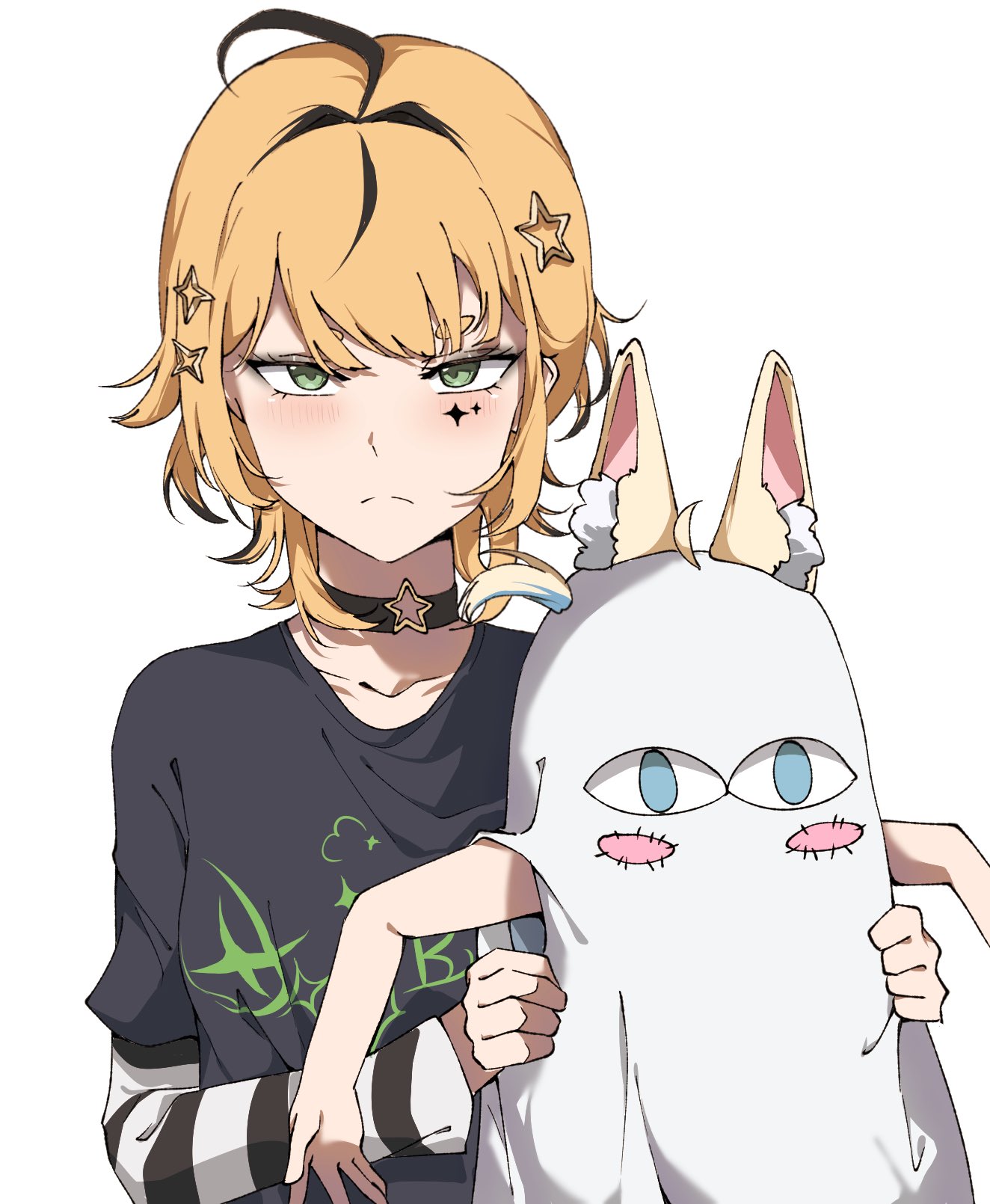 2girls, ahoge, animal_ear_fluff, animal_ears, black_choker, black_hair, black_shirt, blonde_hair