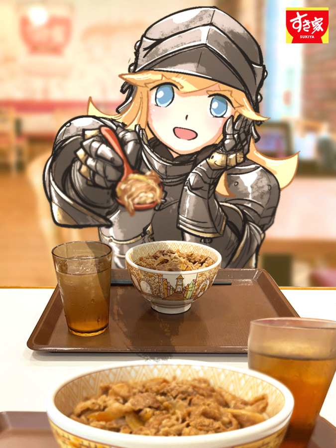 1girl, armor, blonde_hair, blue_eyes, blurry, bowl, colored_eyelashes, commentary
