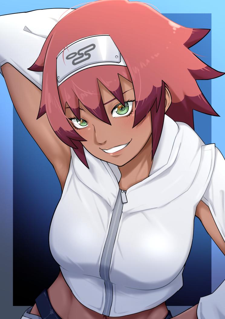 1girl, aqua_border, arm_behind_head, armpits, batta_(boruto), belt, blue_border, blurry, blurry_background, border, boruto:_naruto_next_generations, breasts, cropped_jacket, dark-skinned_female, dark_skin, eeshin_(eishin5584), eyelashes, forehead_protector, gradient_background, gradient_border, green_eyes, grin, hand_on_own_hip, jacket, kumogakure_symbol, large_breasts, lips, looking_at_viewer, medium_hair, midriff, multicolored_hair, naruto_(series), navel, outside_border, parted_lips, red_hair, sidelocks, smile, solo, spiky_hair, streaked_hair, toned, toned_female, white_jacket, zipper, zipper_pull_tab