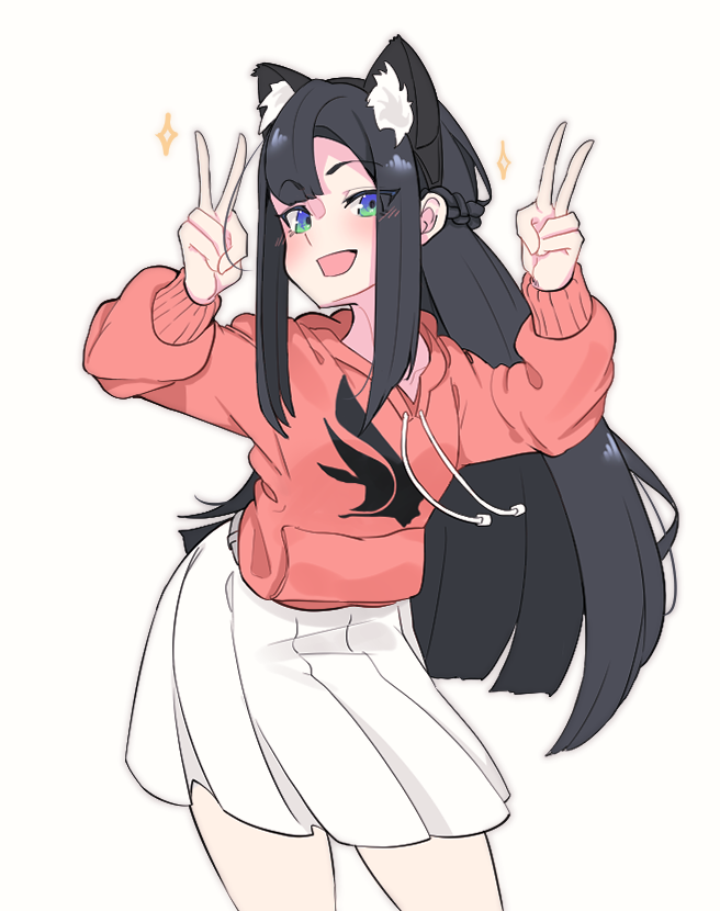1girl, andvari_(last_origin), animal_ear_fluff, animal_ears, belt, black_hair, double_v, fake_animal_ears