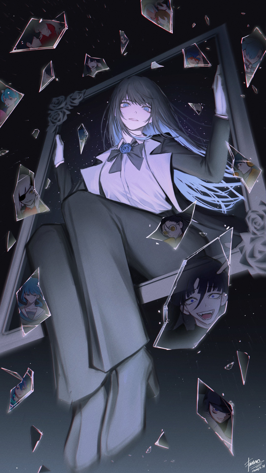 1girl, absurdres, ado_(utaite), adorozatorumary, all_night_radio, annotation_request, aoi_(ado), black_bow, black_bowtie, black_hair, black_pants, black_shoes, blue_eyes, blue_flower, blue_hair, blue_rose, bow, bowtie, broken_glass, cacao_(chocolat_cadabra), chando_(ado), chocolat_cadabra_(ado), cocoa_(chocolat_cadabra), colored_inner_hair, commentary, dated, flower, forutaro, gira-gira-chan_(ado), gira_gira, glass, gloves, ha-chan_(ado), highres, himawari_(ado), kokoro_to_iu_na_no_fukakai, kura_kura_(ado), long_hair, long_sleeves, looking_at_viewer, lugosi_(ado), merry_(ado), mirror_(ado), multicolored_hair, multiple_girls, naima_(ado), odo-chan_(ado), odo_(song), open_mouth, pants, partially_annotated, picture_frame, readymade_(ado), rose, rule-chan_(ado), rule_(ado), sanrio, shirt, shoes, show_(ado), signature, solo, sugar_(chocolat_cadabra), usseewa, utaite, white_gloves, white_shirt