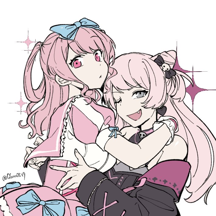 2girls, bang_dream!, bang_dream!_it's_mygo!!!!!, black_bow, black_dress, bow, chihaya_anon, cone_hair_bun