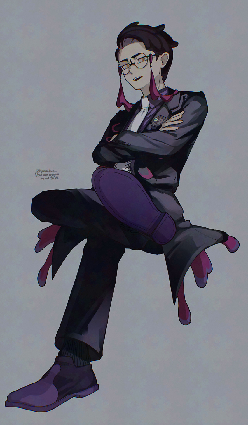 1boy, black-framed_eyewear, black_hair, black_jacket, black_pants, collared_shirt, commentary_request, corbeau_(pokemon)