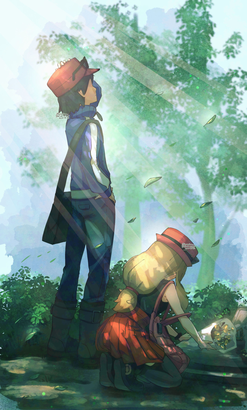 1boy, 1girl, absurdres, bag, black_bag, black_hair, blue_jacket, boots, bouquet, calem_(pokemon), commentary_request, day, falling_leaves, hat, highres, jacket, leaf, light_rays, long_hair, long_sleeves, low-tied_long_hair, outdoors, pants, pleated_skirt, pokemon, pokemon_xy, red_hat, red_skirt, sayuasakura, serena_(pokemon), shadow, shoes, short_hair, shoulder_bag, skirt, standing, sunglasses, tree