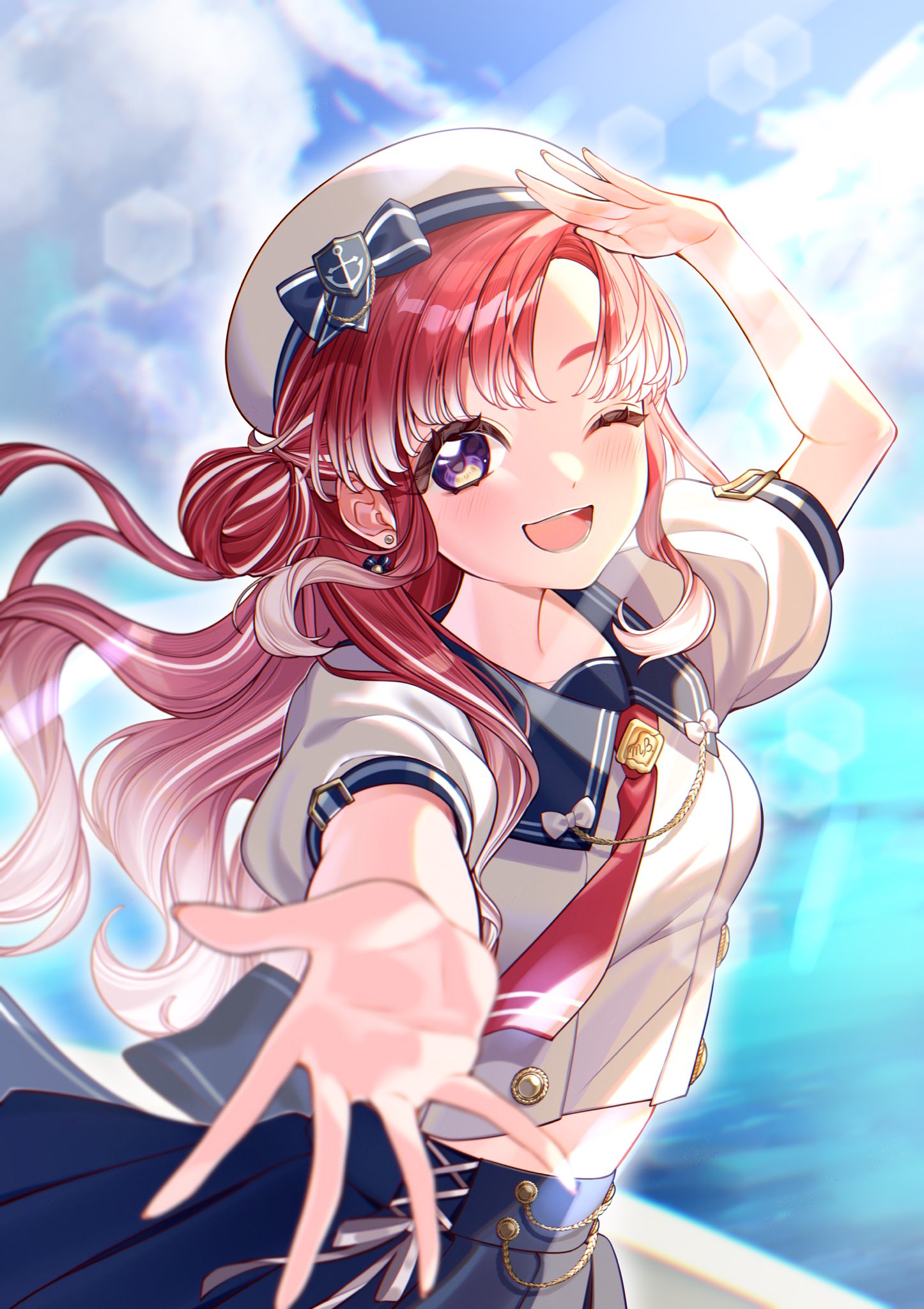 1girl, anchor_symbol, blue_sailor_collar, blue_skirt, blue_sky, blurry, blurry_background, blurry_foreground