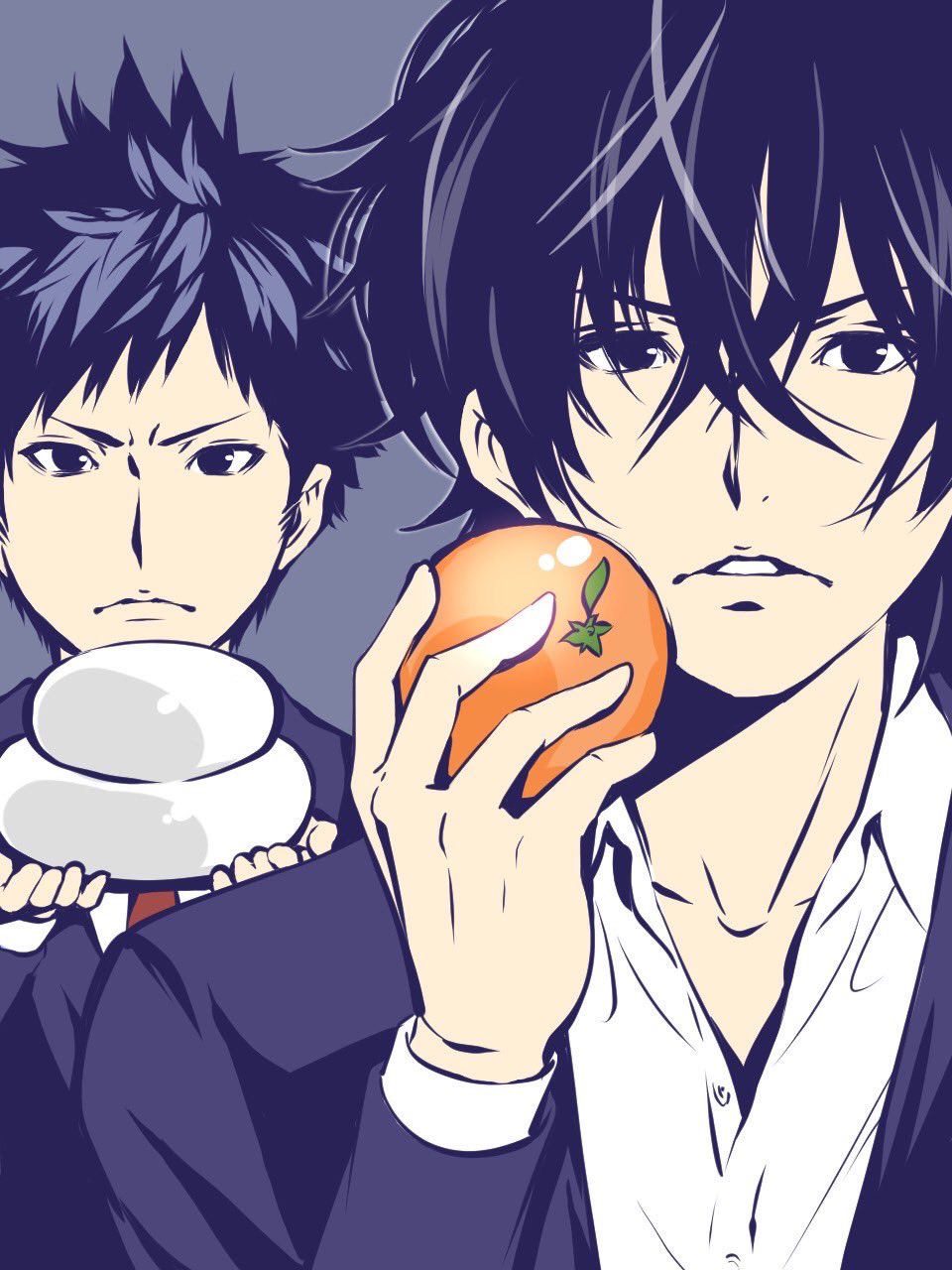2boys, black_hair, black_shirt, blazer, blue_jacket, closed_mouth, collared_shirt, crossed_bangs