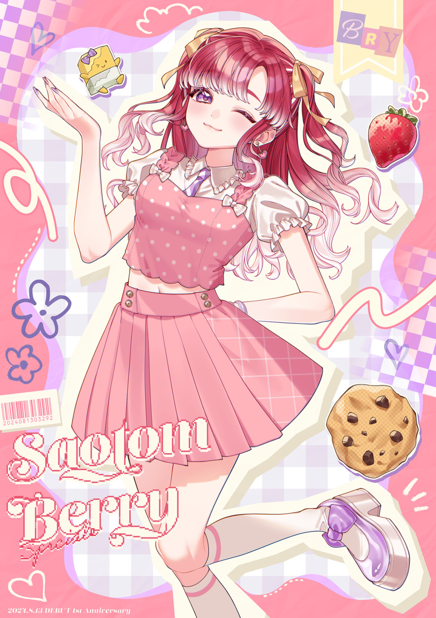 1girl, absurdres, character_name, collared_shirt, cookie, crop_top, earrings, food