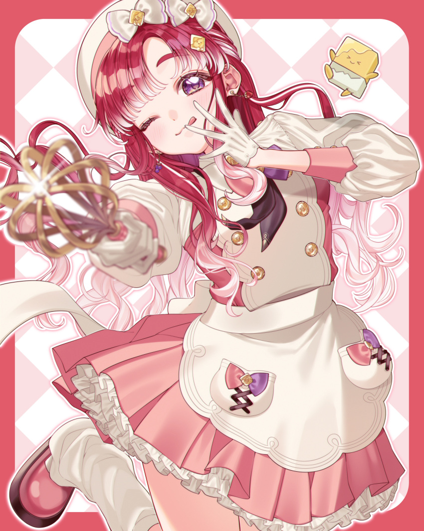 1girl, absurdres, apron, argyle_background, beret, blurry, blurry_foreground, border