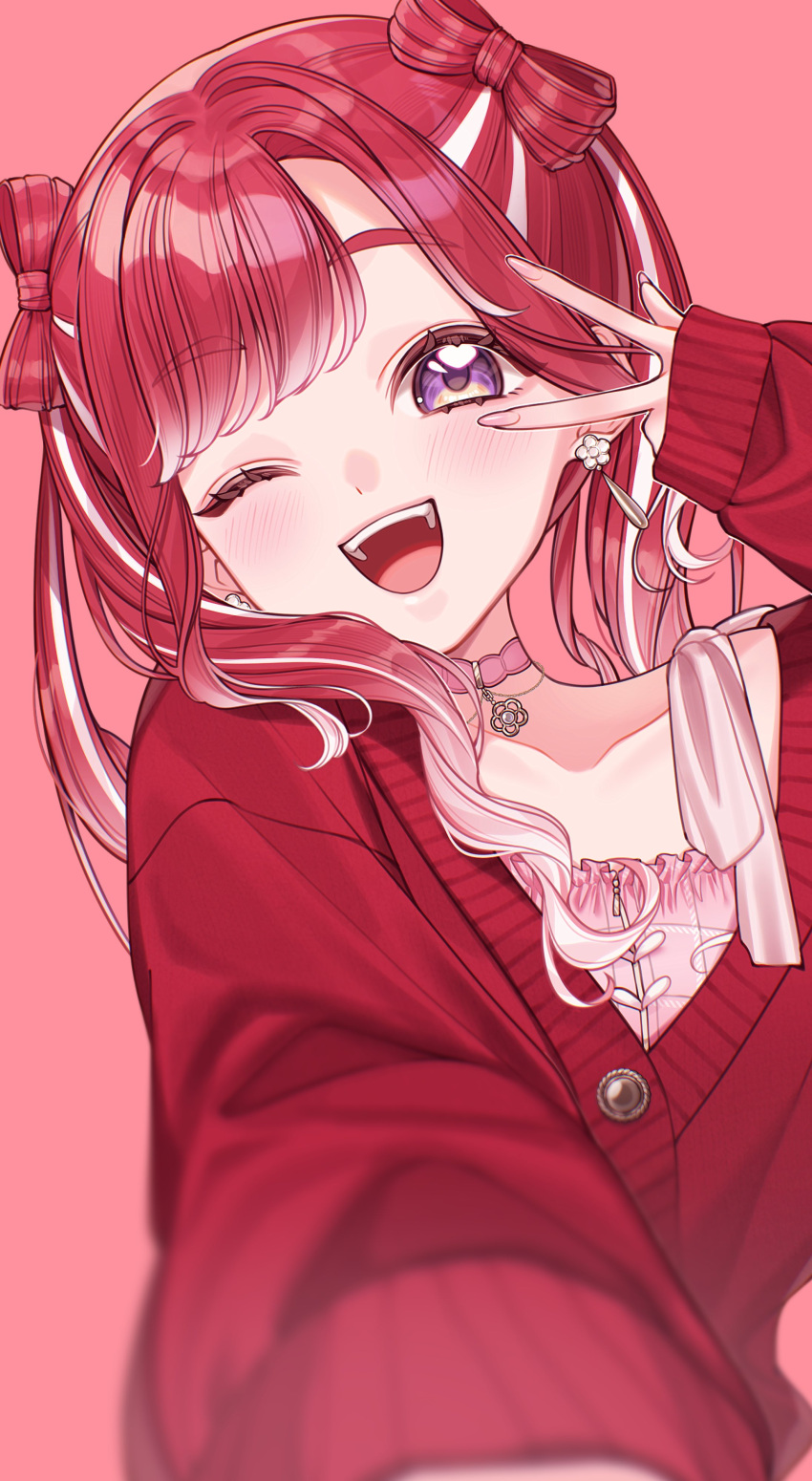 1girl, :d, absurdres, blurry, blurry_foreground, bow-shaped_hair, cardigan, choker