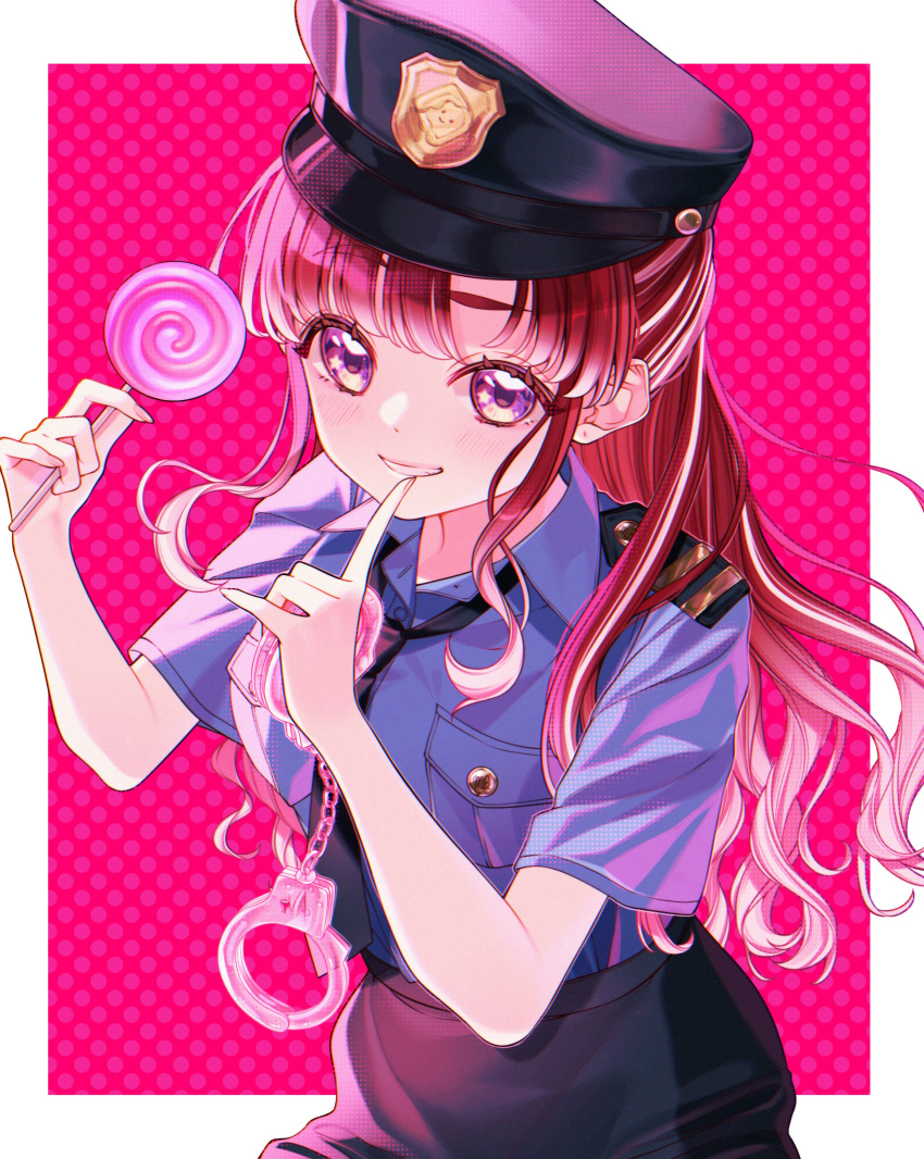 1girl, absurdres, black_necktie, blue_shirt, border, breast_pocket, candy, collared_shirt