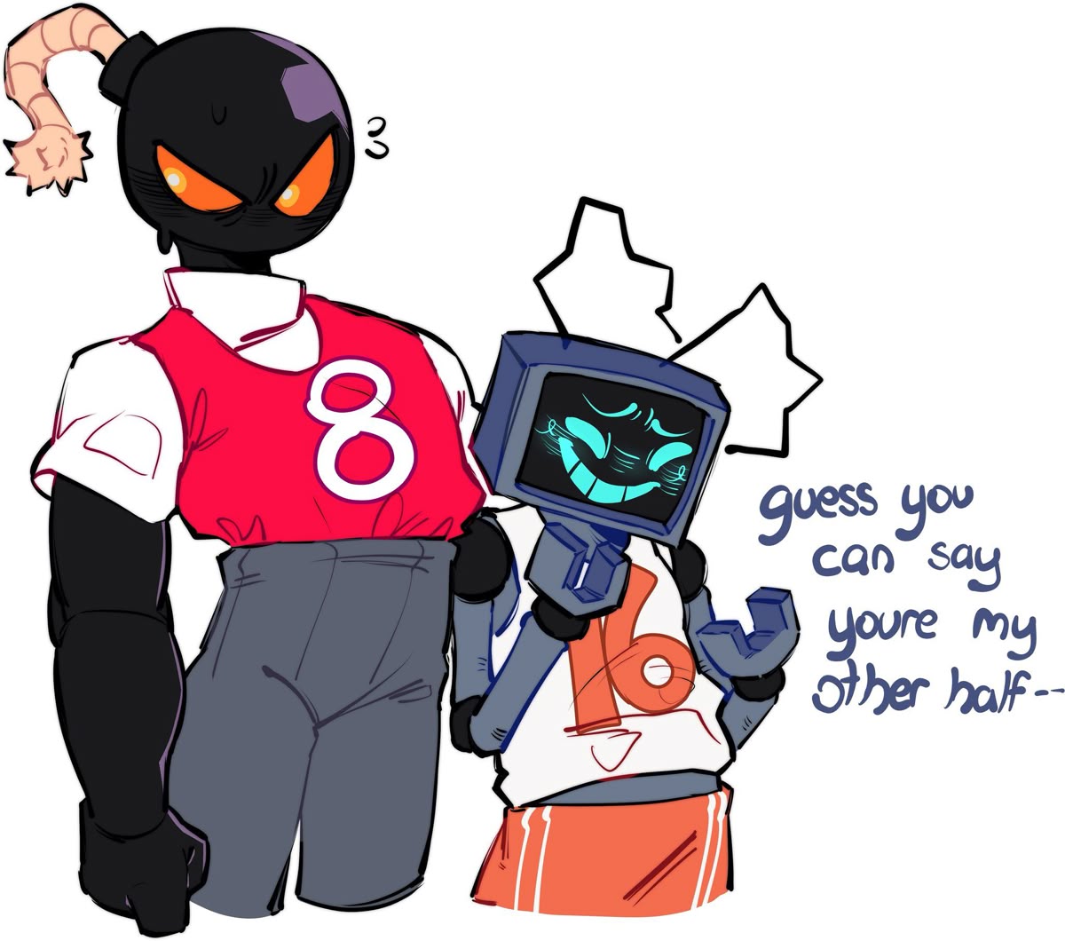 2boys, antennae, basketball_jersey, blue_eyes, blush, bomb, explosive, friday_night_funkin'