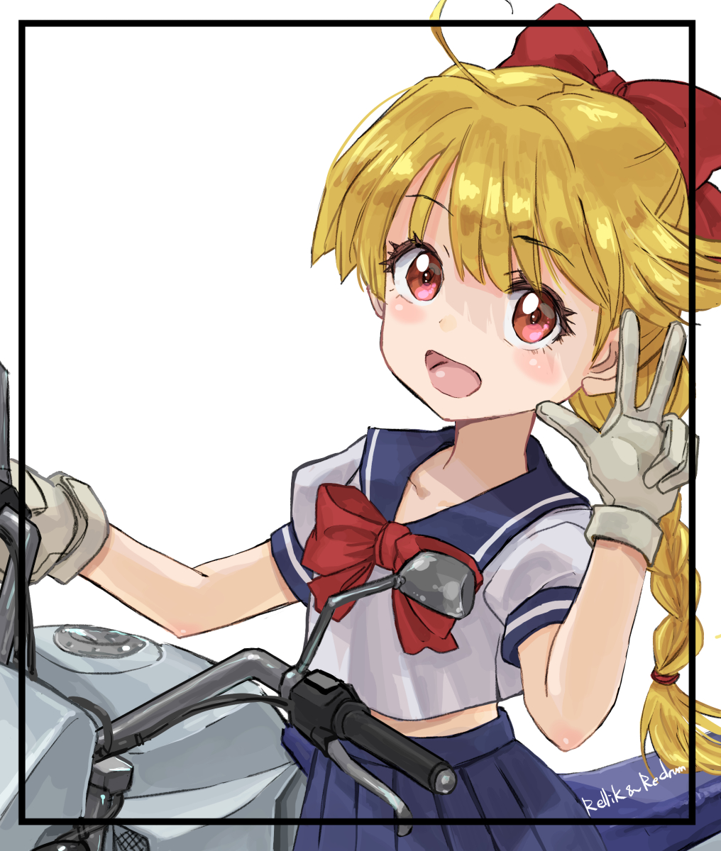 1girl, :d, ahoge, blonde_hair, blue_sailor_collar, blue_skirt, bow, bowtie