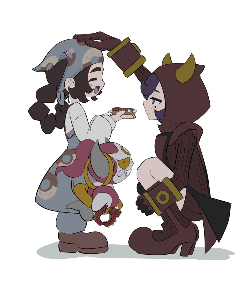 2girls, ansha_(pokemon), apron, black_hair, blush, boots, braid, breasts