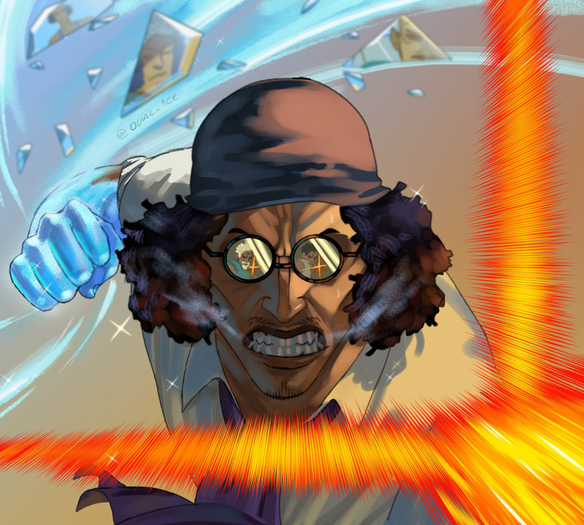 2boys, aged_down, aokiji_(one_piece), ascot, beard_stubble, black_hair, blue_ascot, clenched_hand