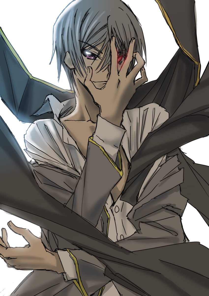 1boy, alternate_hair_color, code_geass, geass, glowing, glowing_eye, grey_hair, grey_jacket