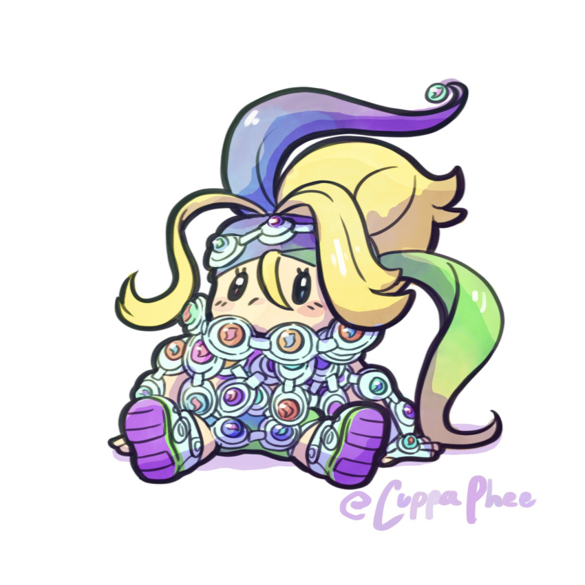 1girl, blonde_hair, blue_eyes, blush, chibi, chibi_only, cuppaphee, full_body, green_hair, hair_between_eyes, highres, korrina_(pokemon), long_hair, looking_at_viewer, mega_stone, multicolored_hair, pokemon, pokemon_legends:_z-a, shoes, shorts, sitting, solo, too_many, violet_eyes
