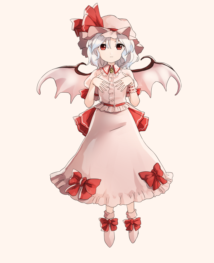 1girl, bat_wings, bow, closed_mouth, dress, embodiment_of_scarlet_devil, floating, footwear_bow