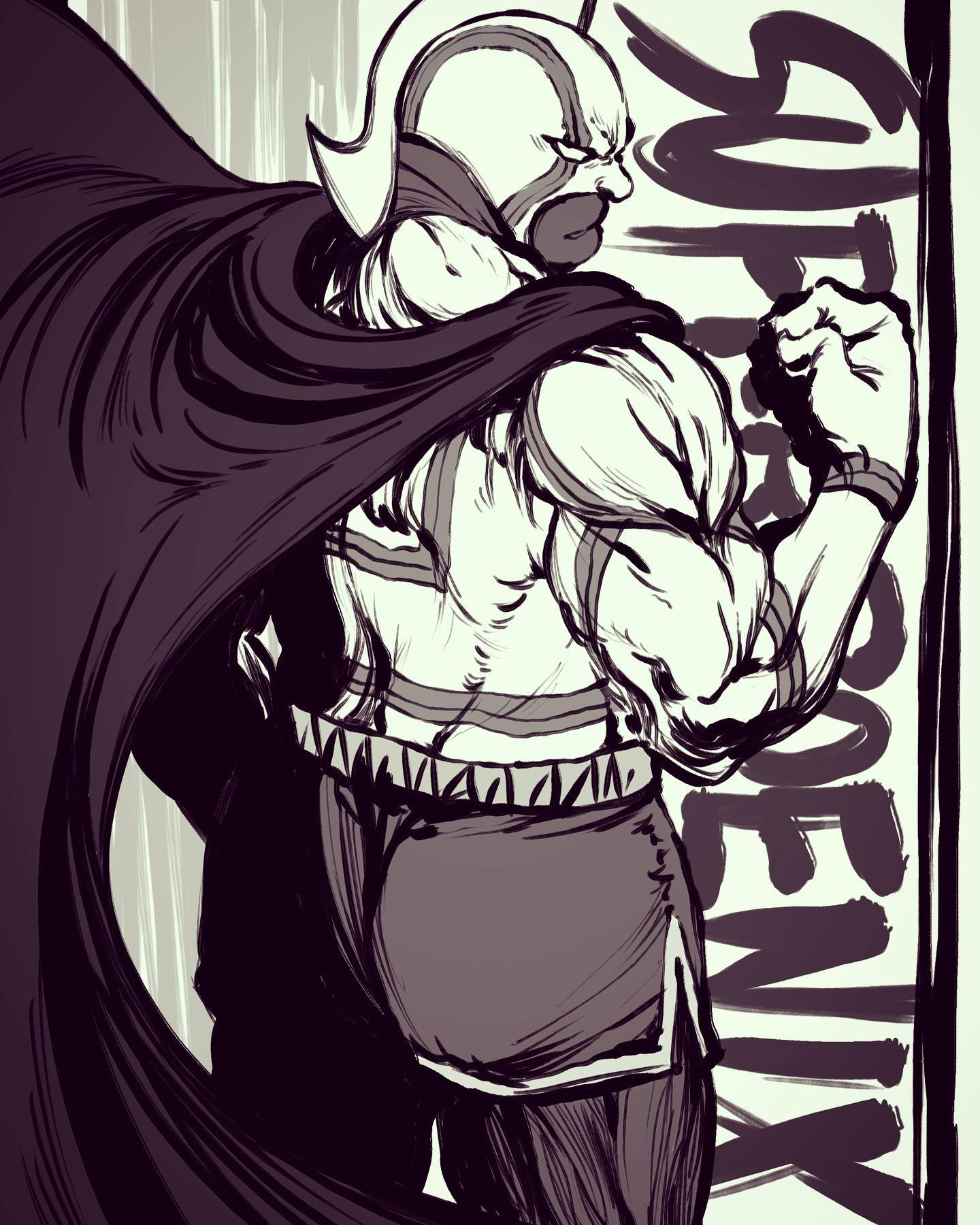 1boy, blank_eyes, cape, clenched_hand, commentary, cowboy_shot, from_behind, greyscale, hashtag-only_commentary, highres, kinnikuman, kinnikuman_super_phoenix, kudou_masashi, male_focus, monochrome, muscular, muscular_male, shorts, solo, thick_lips