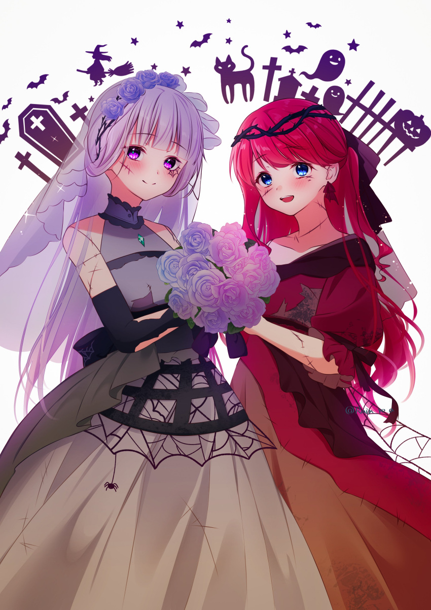 2girls, absurdres, bat_(animal), black_gloves, blue_eyes, blush, bouquet, broom