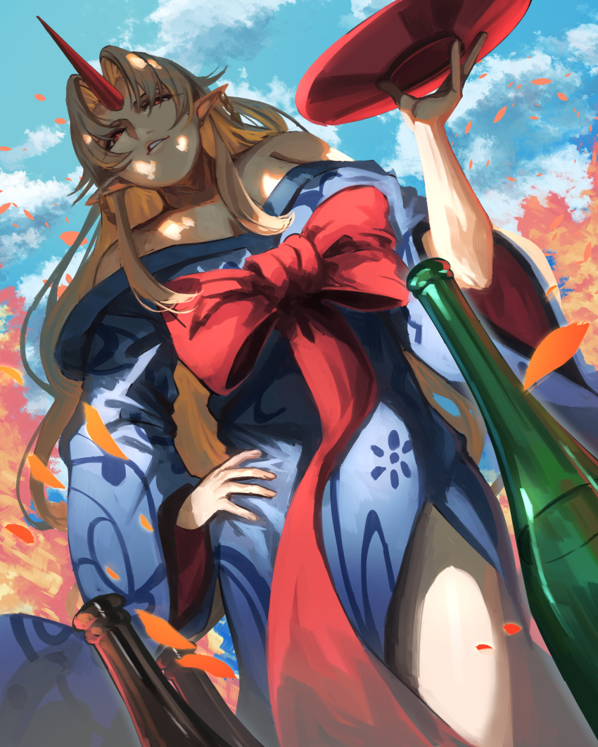 1girl, absurdres, autumn_leaves, bare_shoulders, blonde_hair, blue_kimono, blue_sky, bottle