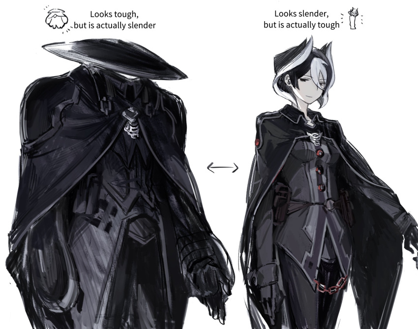 1girl, arrow_(symbol), black_cloak, black_eyes, black_gloves, black_hair, black_hat, black_jacket, black_pants, breasts, cloak, closed_mouth, collared_cloak, colossustotem, commentary, cowboy_shot, english_commentary, gloves, hair_between_eyes, hat, highres, jacket, light_smile, long_sleeves, looking_at_viewer, made_in_abyss, medium_breasts, multicolored_hair, multiple_views, ozen, pants, short_hair, simple_background, standing, two-tone_hair, white_background, white_hair
