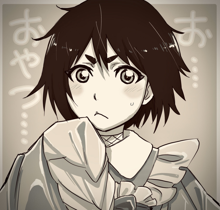1girl, claw_(weapon), commentary_request, frills, frown, greyscale, highres, kudou_masashi