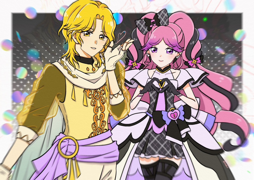 1boy, 1girl, 1kcaln1, black_dress, black_gloves, black_hair, blonde_hair, commentary_request