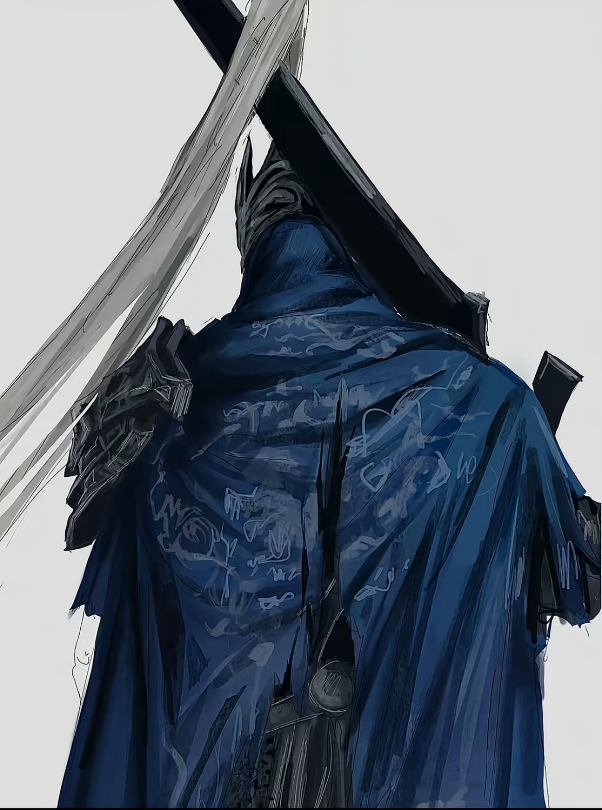 1boy, armor, artorias_the_abysswalker, ashen6621, blue_cape, blue_hood, cape, cowboy_shot, dark_souls_(series), dark_souls_i, facing_away, from_behind, greatsword, helmet, highres, holding, holding_sword, holding_weapon, hood, hood_up, male_focus, pauldrons, plume, shoulder_armor, simple_background, single_pauldron, solo, standing, sword, weapon, white_background