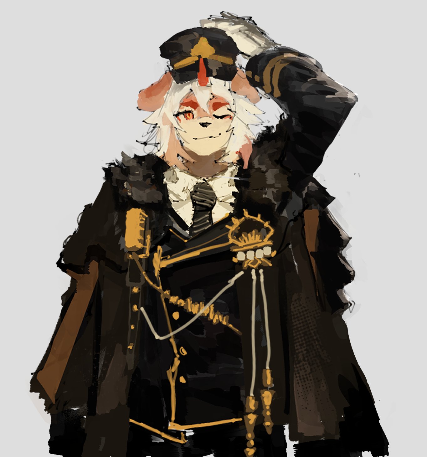 0_0ffline, 1boy, arknights, arm_up, black_coat, blonde_hair, body_fur, coat