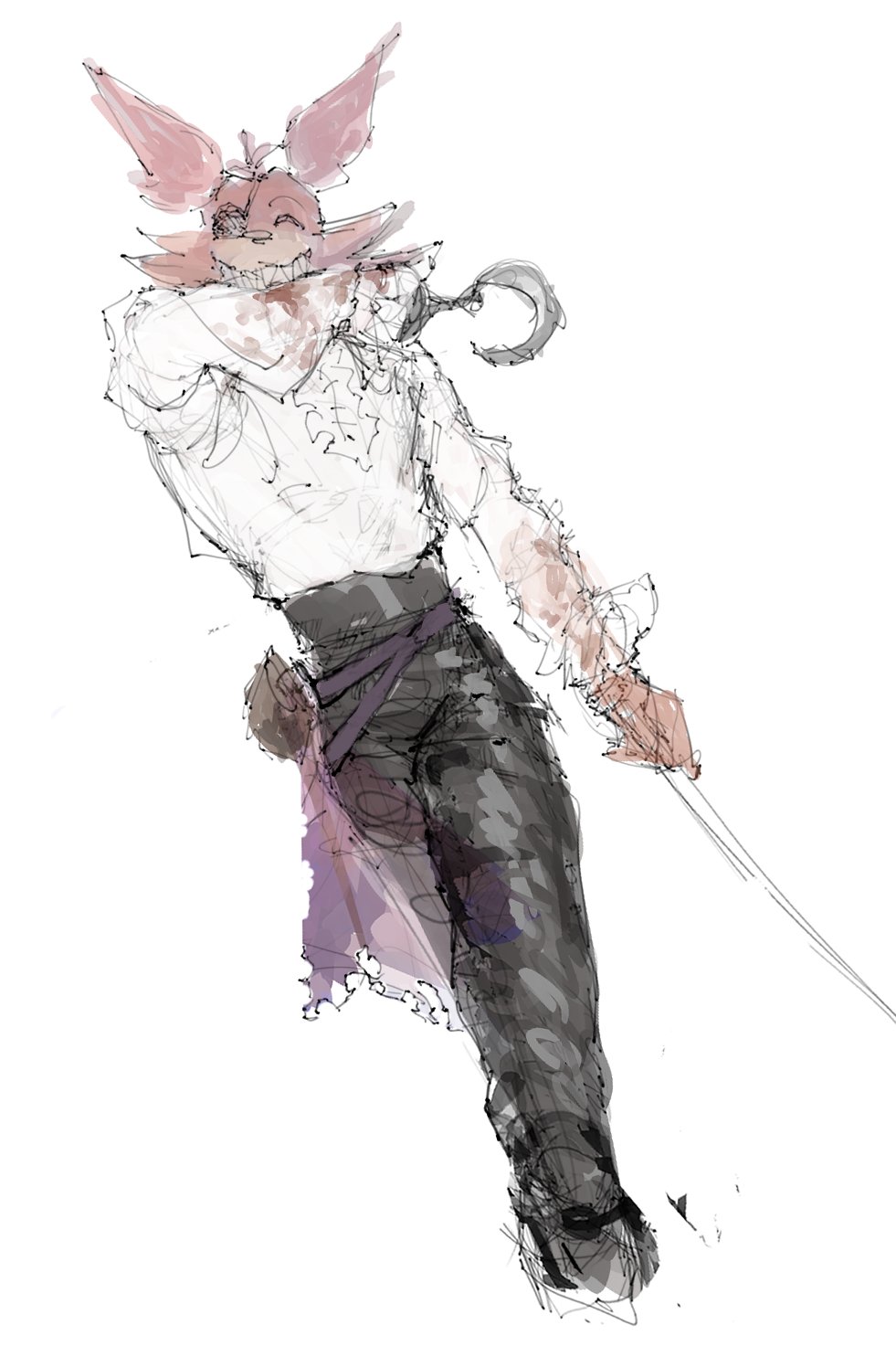 0_0ffline, 1boy, black_pants, body_fur, closed_eyes, cropped_legs, english_commentary, eyepatch, five_nights_at_freddy's, five_nights_at_freddy's_1, fox_boy, foxy_(fnaf), frilled_sleeves, frills, furry, furry_male, grin, highres, holding, holding_sword, holding_weapon, hook_hand, male_focus, pants, pirate, red_fur, shirt, smile, sword, tail, walking, weapon, white_shirt