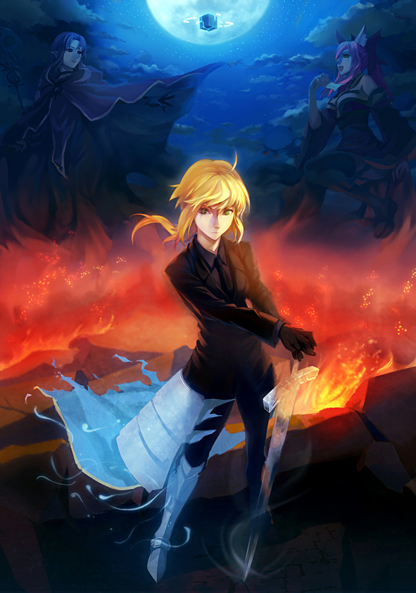 androgynous, animal_ears, armor, black_gloves, blonde_hair, blue_hair, breasts, caster