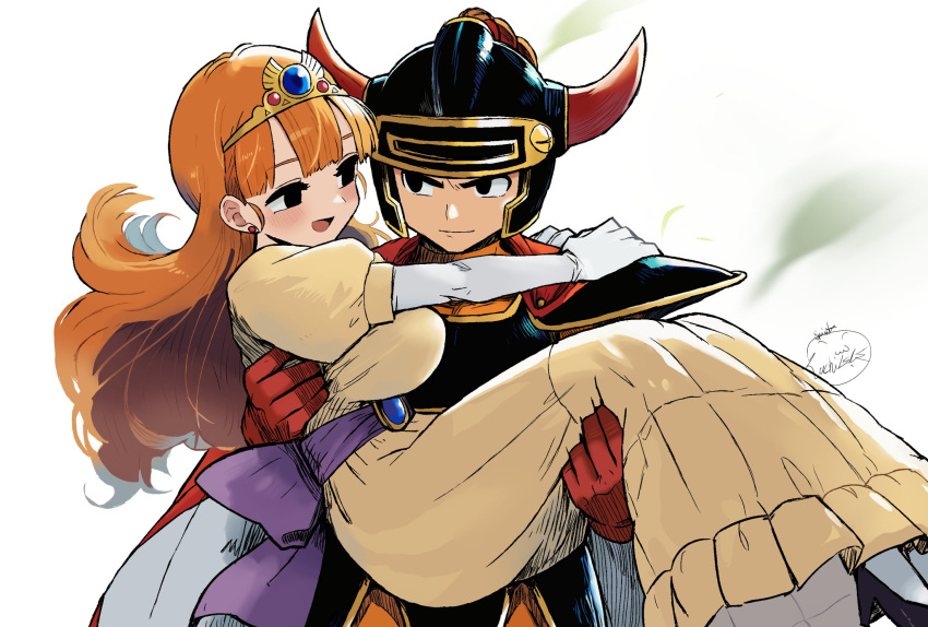 1boy, 1girl, armor, black_armor, black_eyes, black_helmet, breasts, carrying, closed_mouth, commentary, cowboy_shot, dragon_quest, dragon_quest_i, dress, english_commentary, fake_horns, helmet, hero_(dq1), highres, horned_helmet, horns, large_breasts, looking_at_another, lunchiblz, open_mouth, orange_hair, princess, princess_carry, princess_laura, signature, smile, tiara, yellow_dress