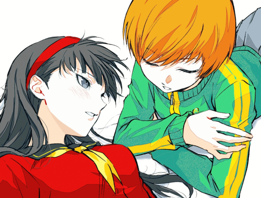 2girls, ako_(eanaaati1), amagi_yukiko, black_hair, black_sailor_collar, black_skirt, bob_cut, breasts, brown_hair, closed_eyes, commentary_request, green_jacket, grey_eyes, hairband, highres, jacket, light_blush, long_hair, long_sleeves, looking_at_another, lying, medium_breasts, multiple_girls, neckerchief, on_back, on_stomach, parted_lips, persona, persona_4, pleated_skirt, red_hairband, red_sweater, sailor_collar, satonaka_chie, school_uniform, short_hair, skirt, sweater, track_jacket, upper_body, yasogami_school_uniform, yellow_neckerchief