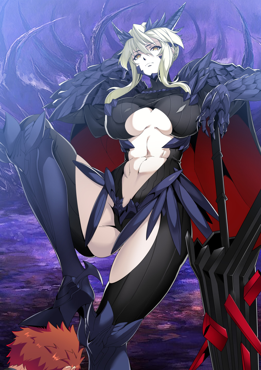 1boy, 1girl, absurdres, artoria_pendragon_(fate), artoria_pendragon_(lancer_alter)_(fate), bodysuit, braid, braided_bun