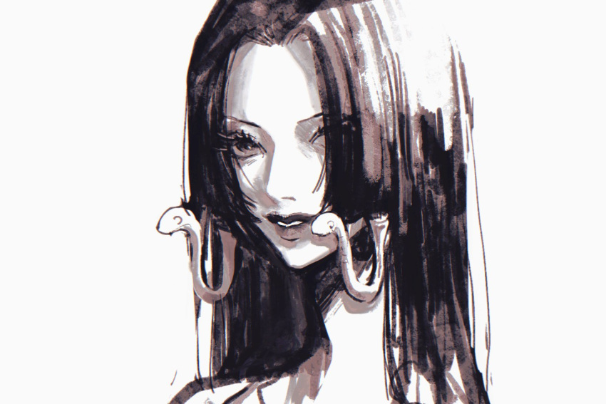 1girl, boa_hancock, earrings, eyelashes, greyscale, jewelry, long_hair, monochrome, one_piece, parted_lips, runa_3152, sidelocks, simple_background, snake_earrings, solo, straight_hair