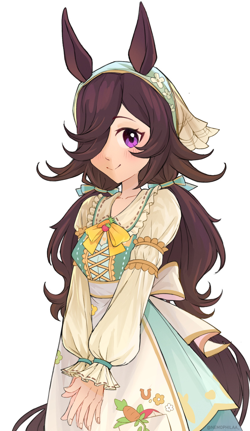 1girl, absurdres, animal_ears, apron, blush, breasts, brown_hair, carrot_print