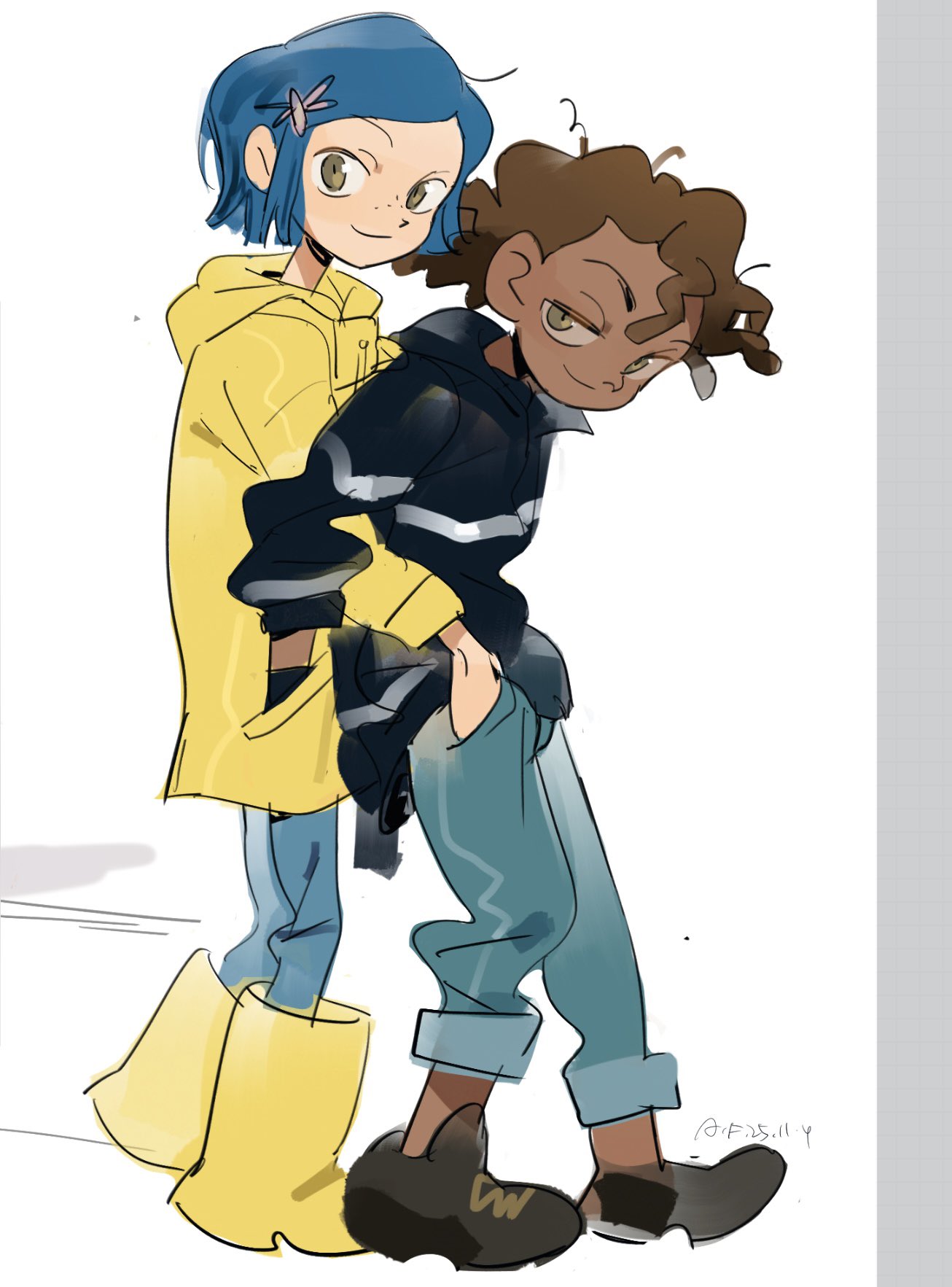 1boy, 1girl, arrcticc_fish, black_jacket, blue_hair, boots, brown_hair, coraline_(movie)