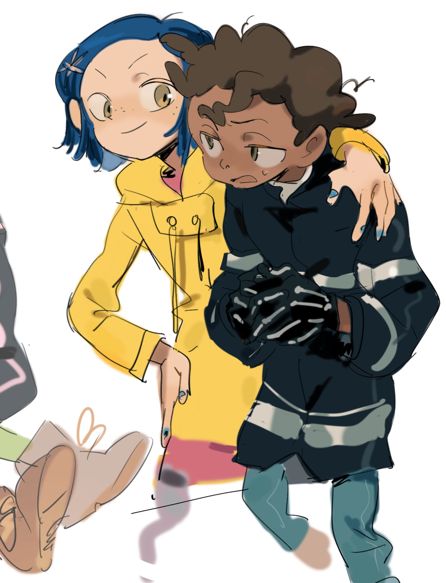 1boy, 1girl, arm_around_shoulder, arrcticc_fish, black_gloves, black_jacket, blue_hair, brown_hair