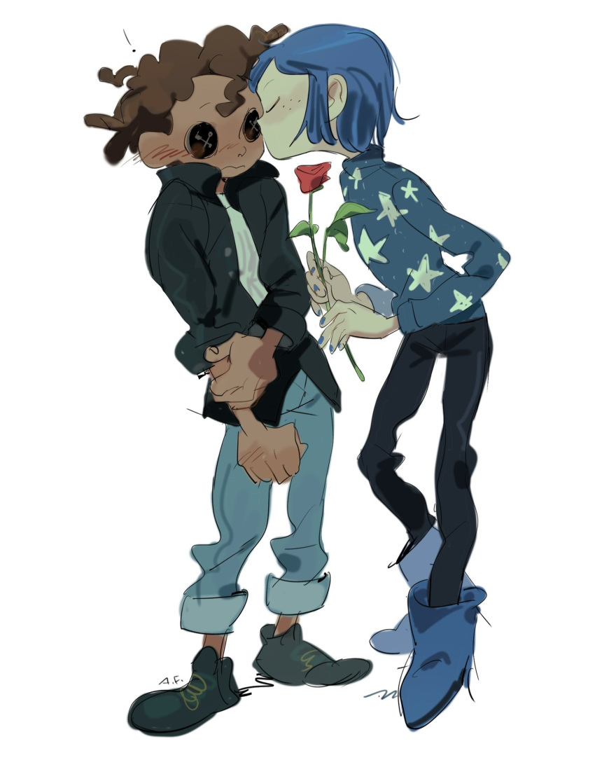 1boy, 1girl, arrcticc_fish, black_jacket, blue_hair, blue_sweater, blush, brown_hair