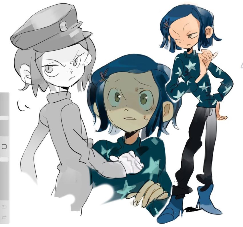1girl, arrcticc_fish, art_program_in_frame, blue_hair, blue_sweater, chinese_commentary, commentary_request, coraline_(movie)