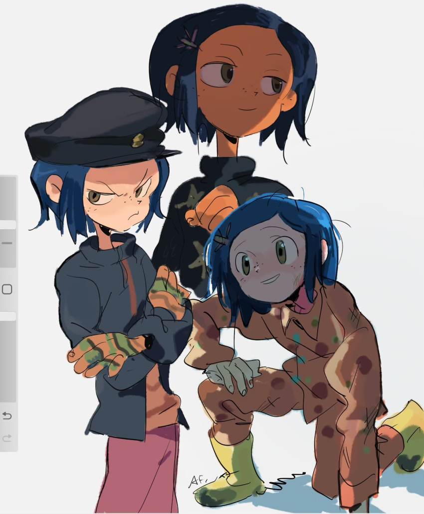 1girl, arrcticc_fish, black_jacket, blue_hair, boots, chinese_commentary, commentary_request, coraline_(movie)
