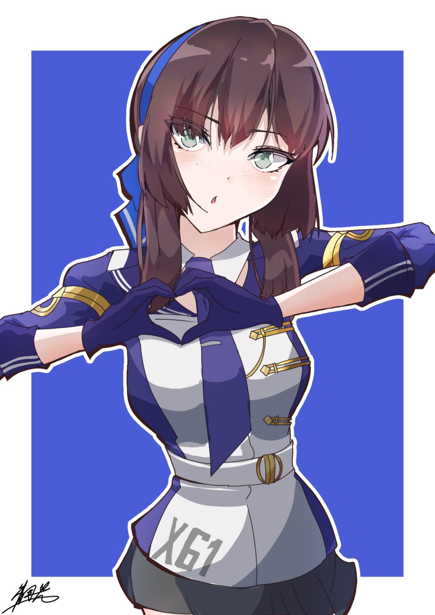 1girl, akatsuki_hikaru, black_skirt, blue_background, blue_hairband, blue_ribbon, breasts, brown_hair