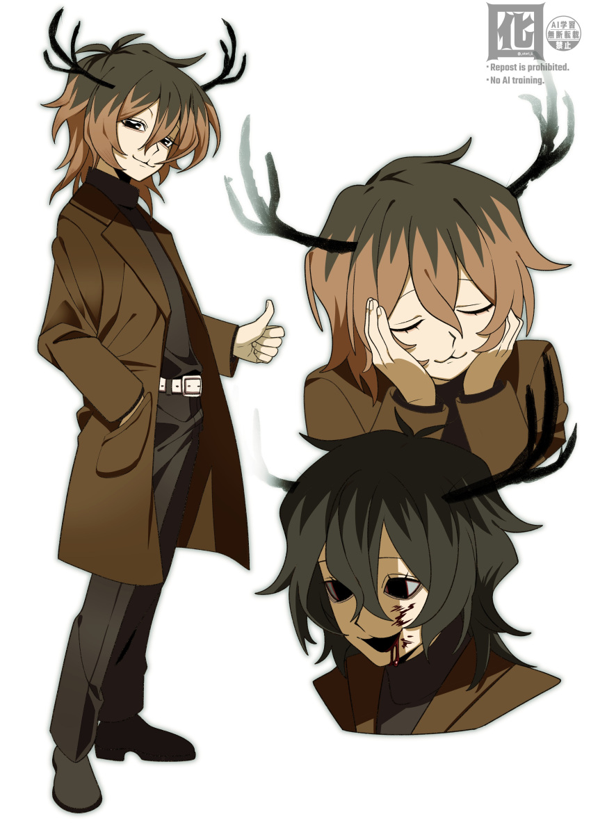 1boy, absurdres, antlers, black_eyes, black_hair, blood, blood_on_face, brown_coat, brown_hair, cleft_lip, coat, hand_in_pocket, highres, hitchhiker_a_(randal's_friends), horns, looking_at_viewer, male_focus, medium_hair, multiple_views, otori_0, randal's_friends, simple_background, standing, thumbs_up, turtleneck, white_background