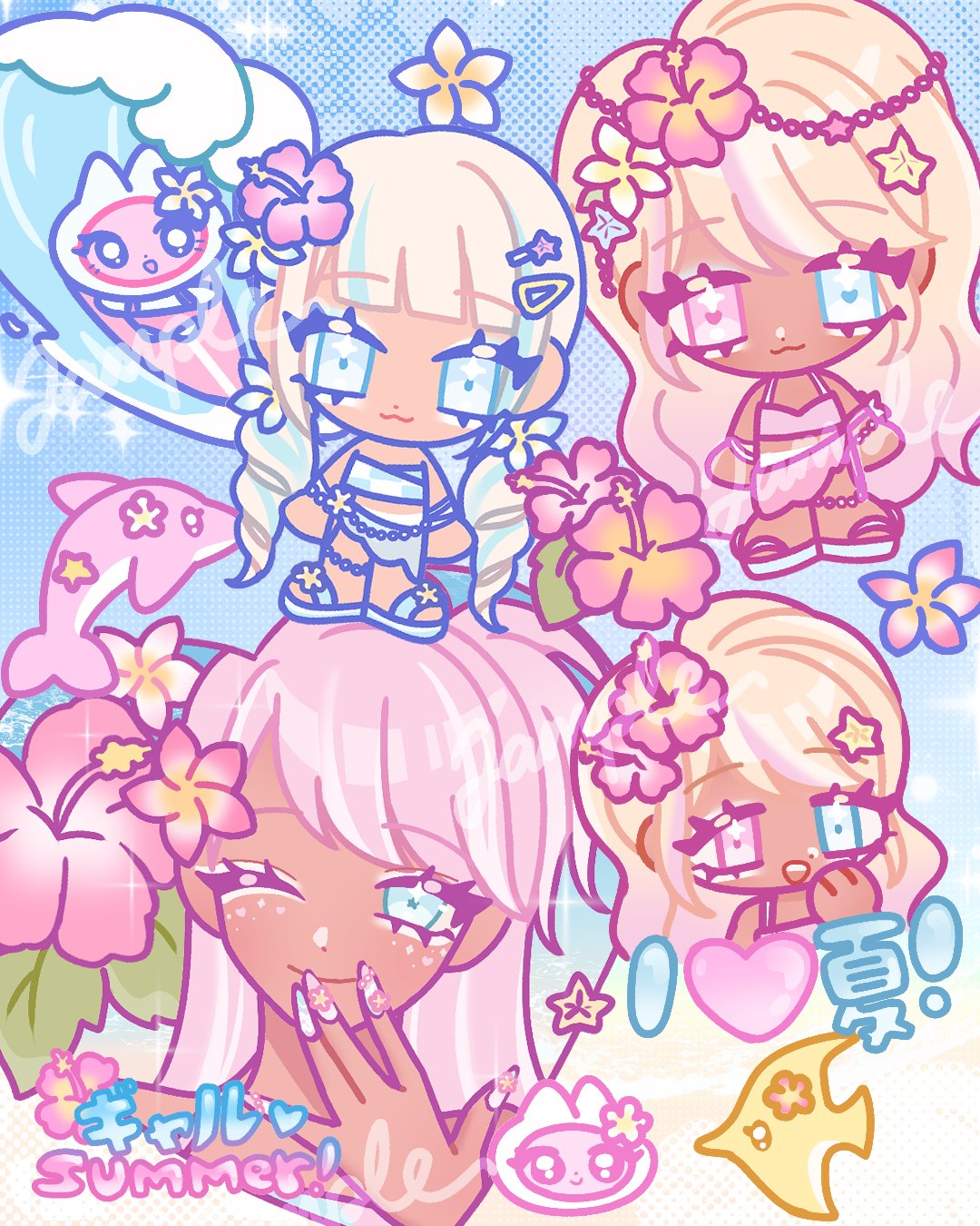 2girls, blonde_hair, blue_eyes, blue_streaks, cherriimi, chibi, chibi_inset, commentary, dark-skinned_female, dark_skin, dolphin, english_commentary, english_text, fingernails, fish, flower, gyaru, hair_flower, hair_ornament, hairclip, heterochromia, hibiscus, highres, long_fingernails, long_hair, looking_at_viewer, low_twintails, mixed-language_text, multiple_girls, nail_art, one_eye_closed, original, pastel_colors, pink_eyes, pink_hair, pink_nails, smile, summer, surfboard, surfing, swimsuit, tan, tanlines, twintails